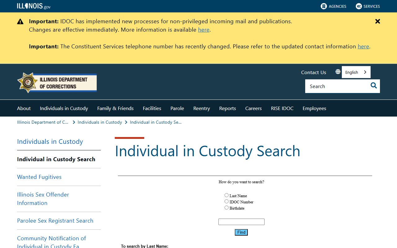 Illinois DOC Individual in Custody Search landing page