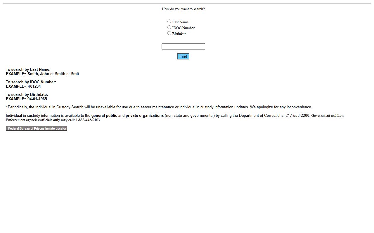Legacy IDOC inmate locator search form