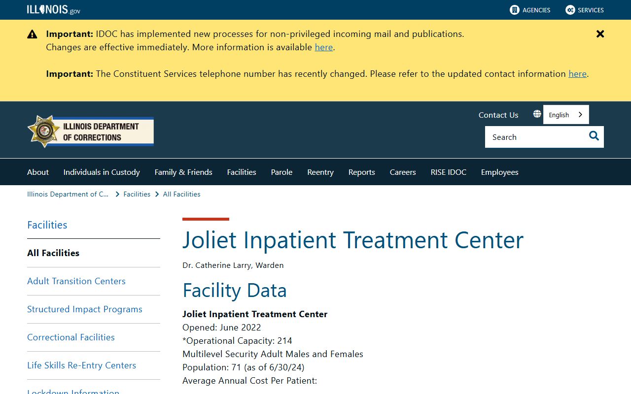 Joliet Inpatient Treatment Center official IDOC page