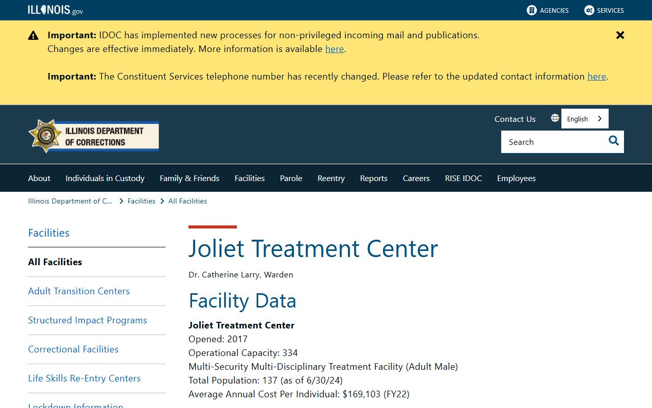 Joliet Treatment Center official IDOC page