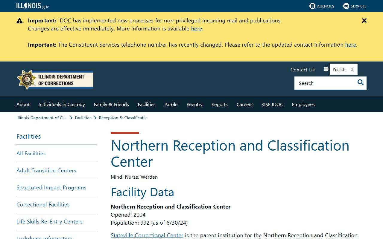 Northern Reception and Classification Center official IDOC facility page