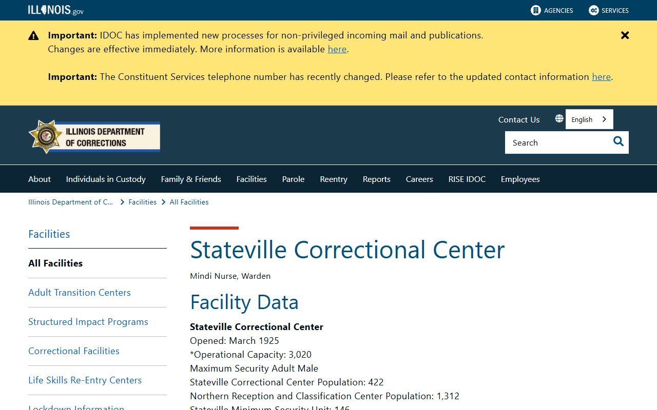 Stateville Correctional Center IDOC state prison facility page