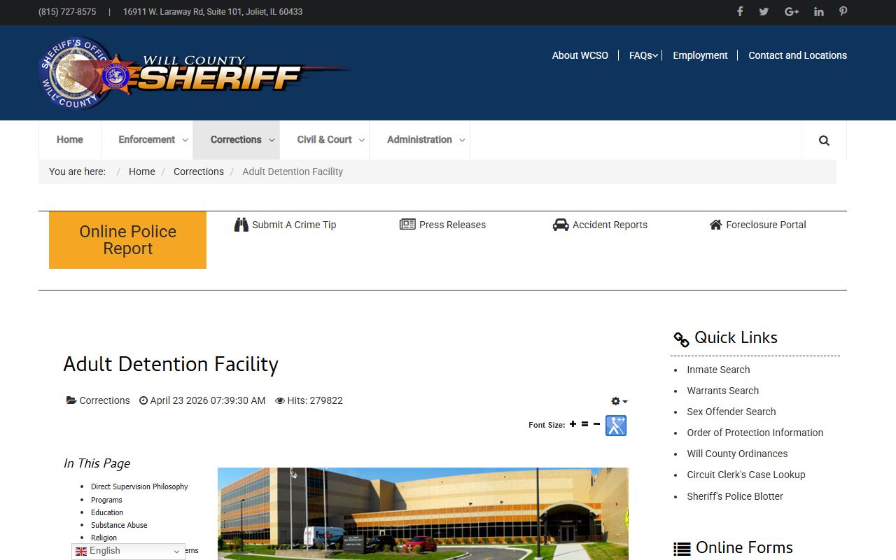 Will County Adult Detention Facility county jail overview page