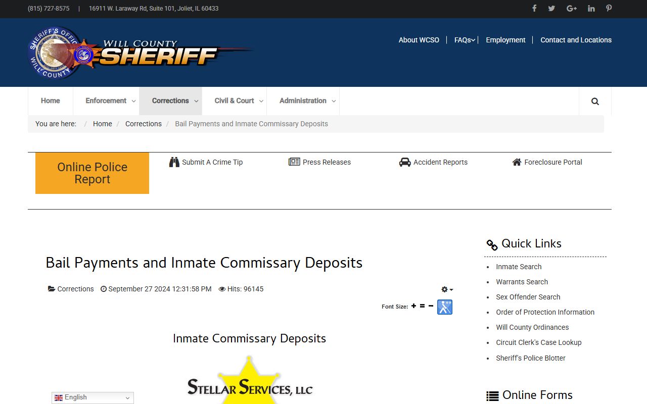 Will County jail commissary deposit and JailATM information