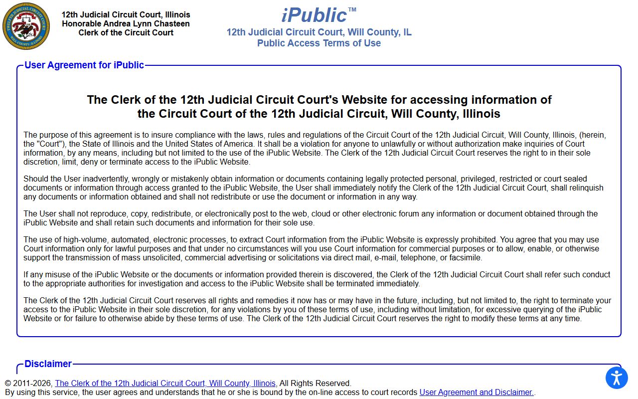 Will County court records after arrest iPublic access screen