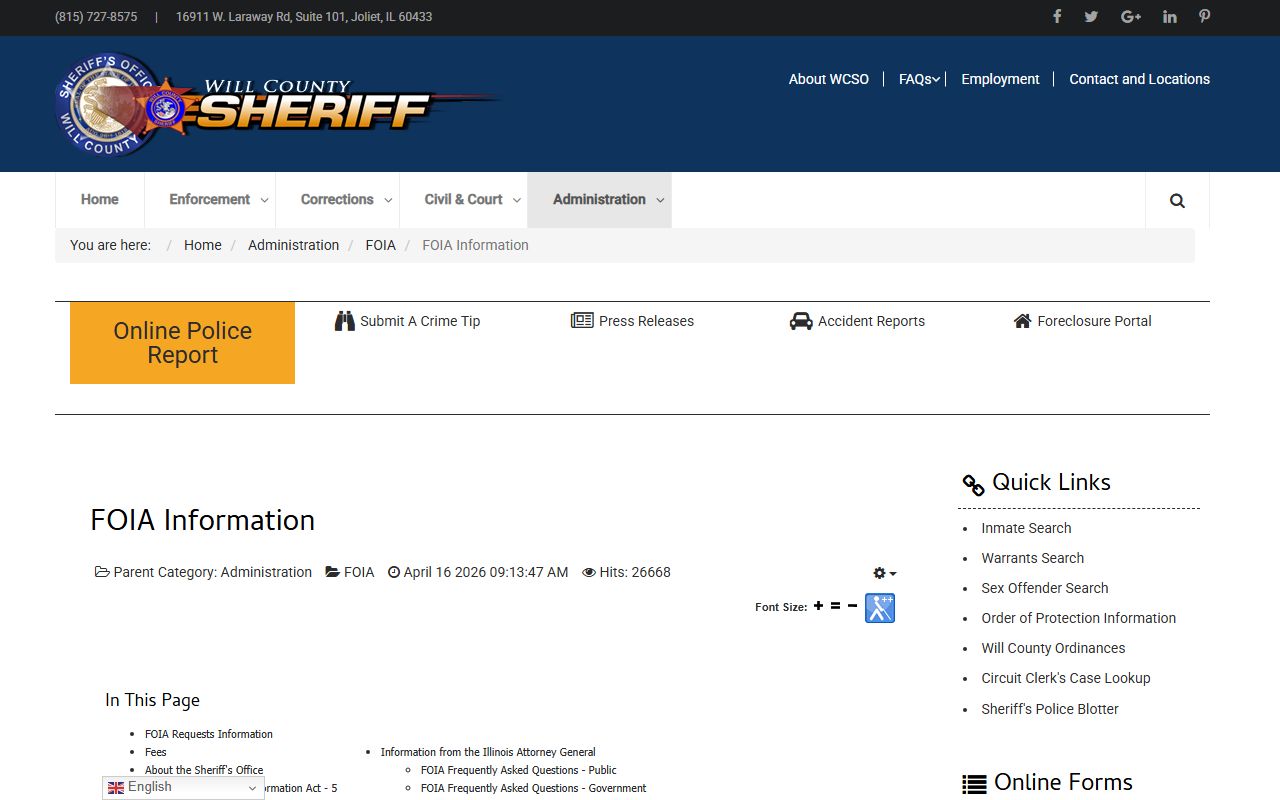 Will County inmate records FOIA request information