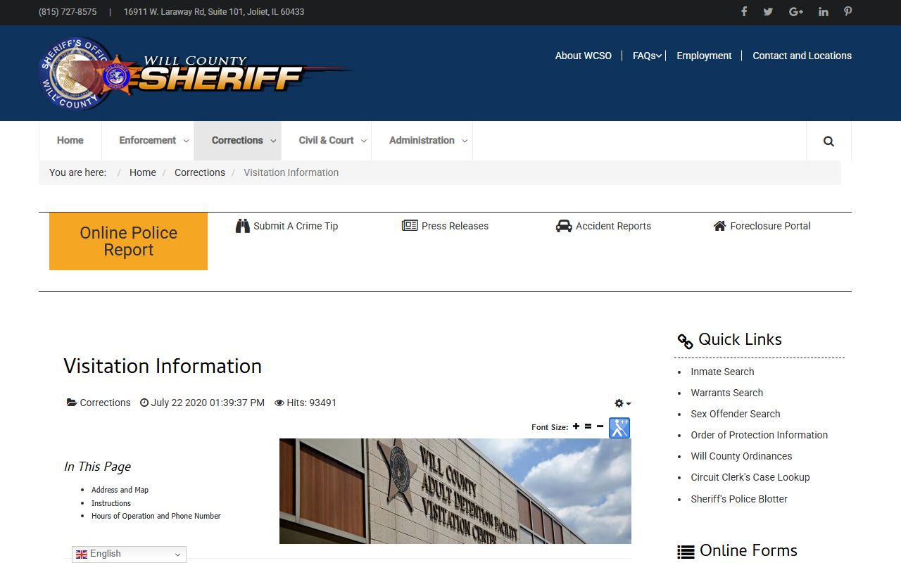 Will County Video Visitation Center scheduling and visitor rules